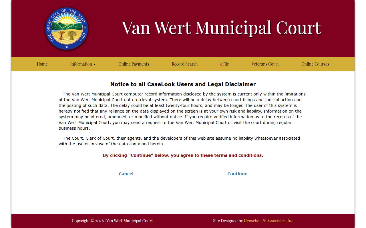 Van Wert County court records after arrest municipal court search disclaimer