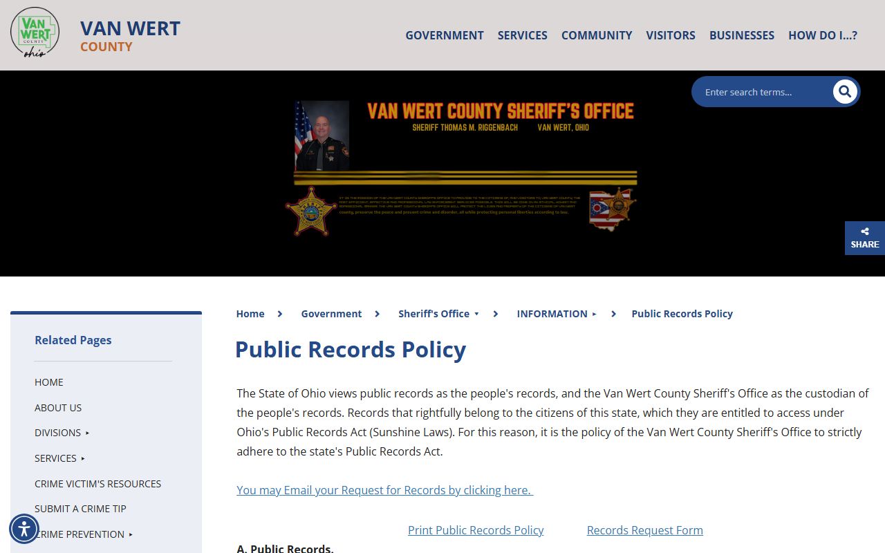 Van Wert County Sheriff's public records policy page with records request and fee details